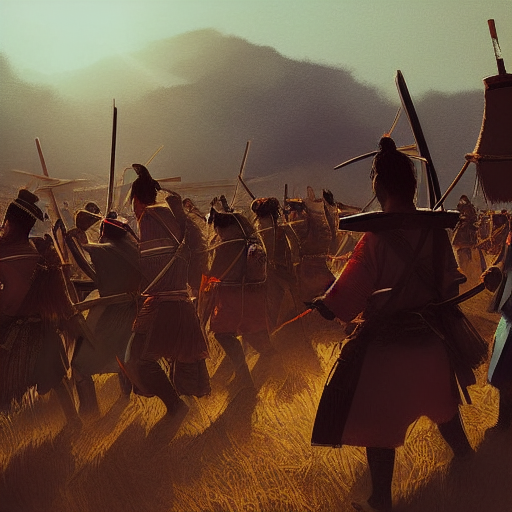 The remaining samurais and villagers arming themselves for their final battle, with the sun setting behind them.